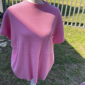 Pink Ribbed Short Sleeve Pocket Sweater